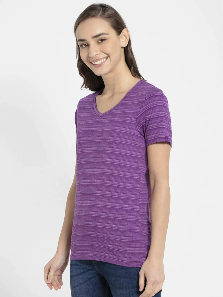 Purple Glory JOCKEY Women's Regular Fit Striped V Neck Half Sleeve T-Shirt