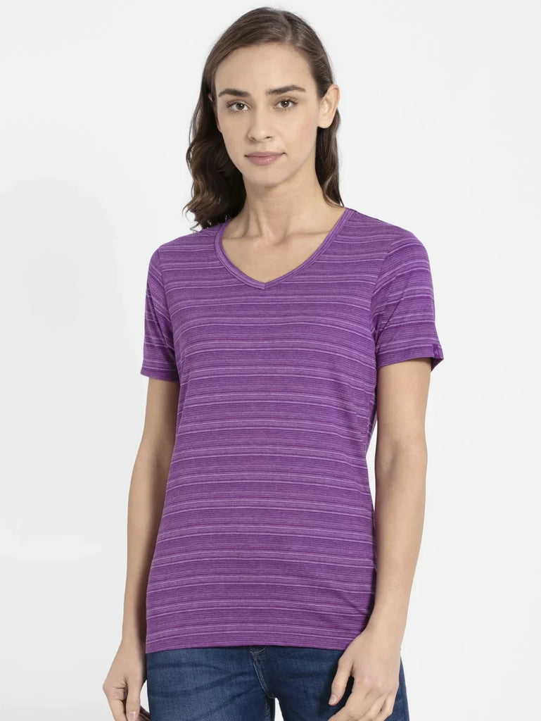 Purple Glory JOCKEY Women's Regular Fit Striped V Neck Half Sleeve T-Shirt