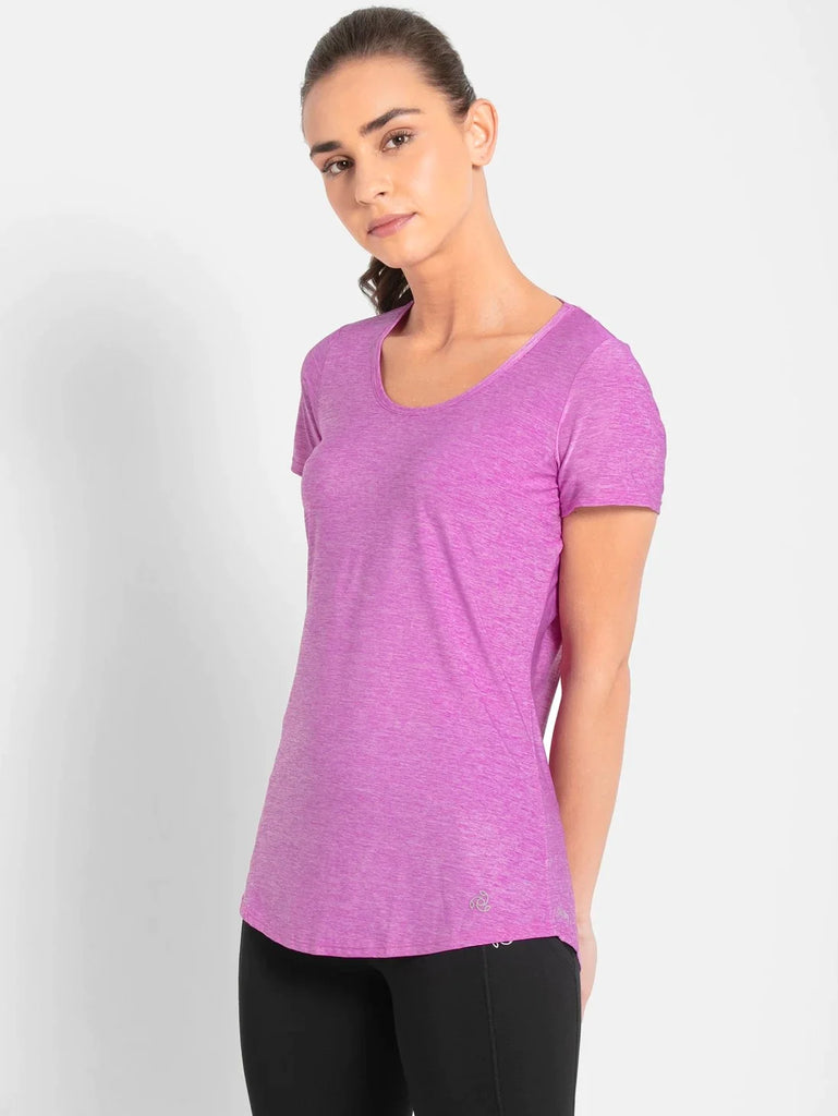 Purple Melange JOCKEY Women's Relaxed Solid Curved Hem Style Half Sleeve T-Shirt 