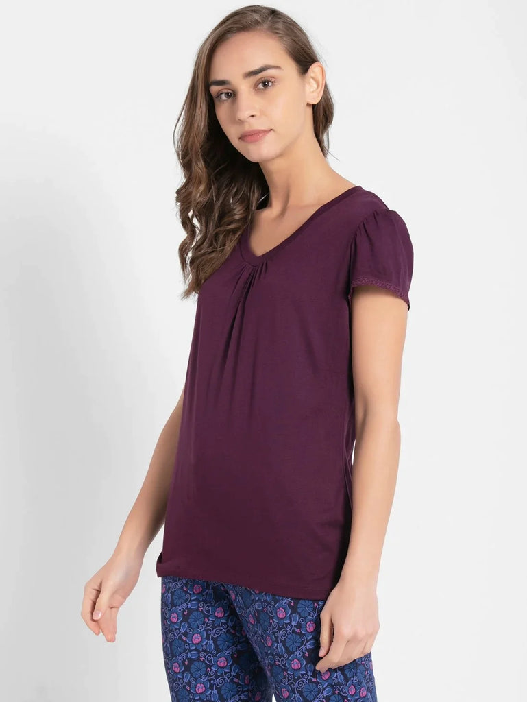 Purple Wine JOCKEY Women's Solid V Neck Half Sleeve T-Shirt