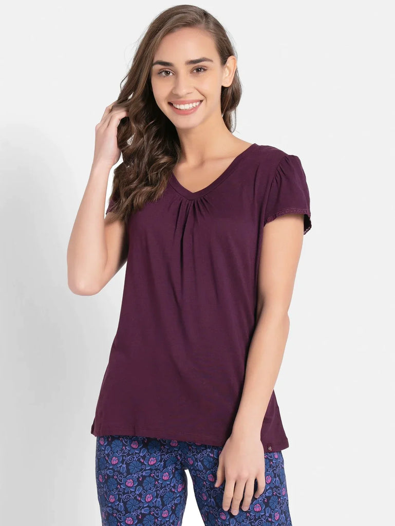 Purple Wine JOCKEY Women's Solid V Neck Half Sleeve T-Shirt