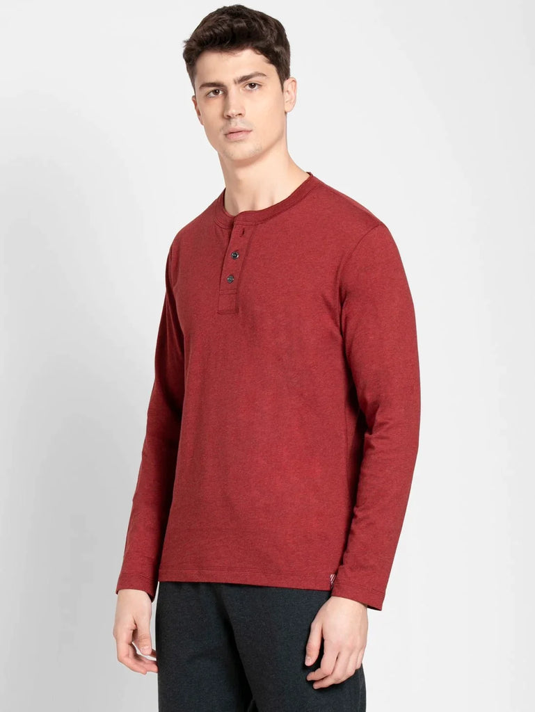 Red Melange JOCKEY Men's Solid Full Sleeve Henley T-Shirt 