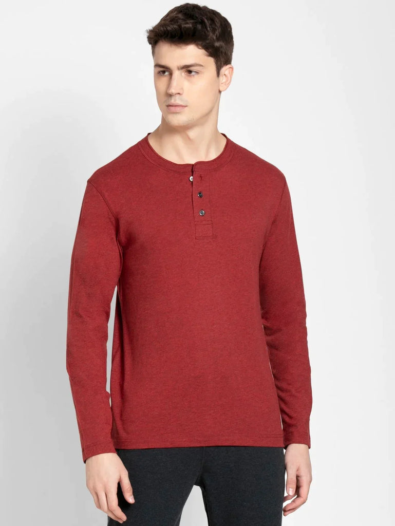 Red Melange JOCKEY Men's Solid Full Sleeve Henley T-Shirt 