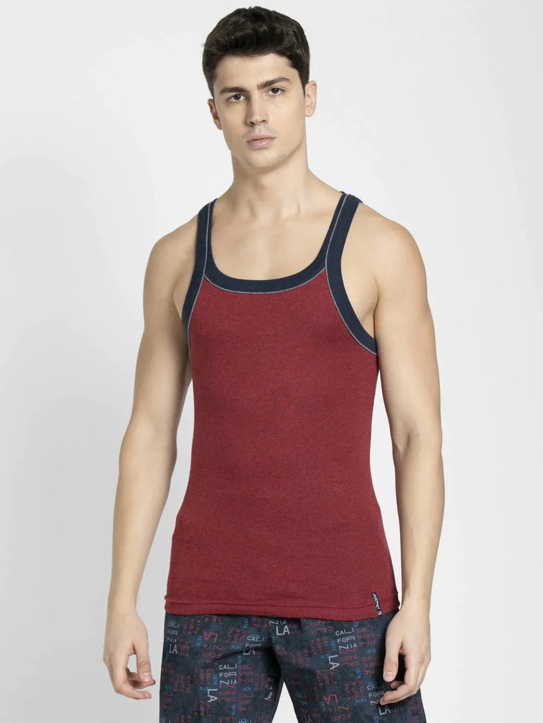 Red Melange Jockey Cotton Rib Square Neckline Gym Vest  for Men