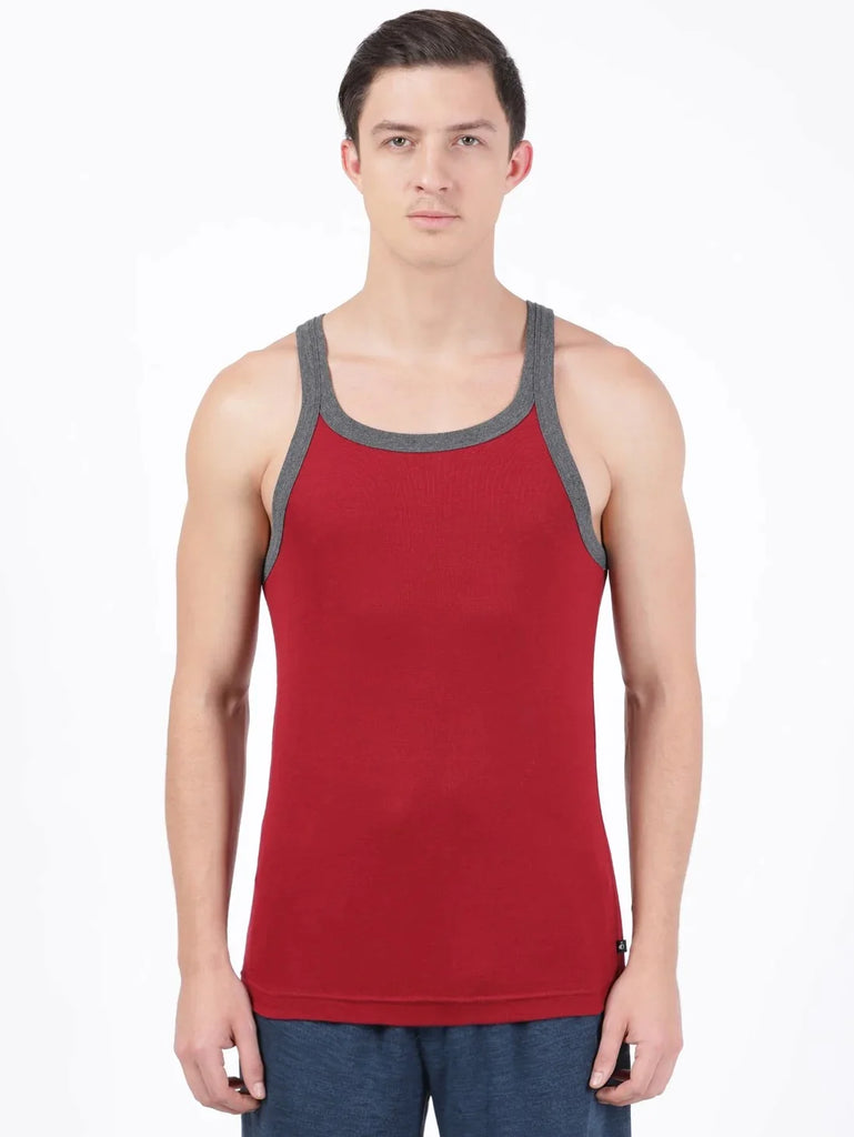 Red Pepper with Assorted Bias Jockey Cotton Rib Square Neckline Gym Vest for Men