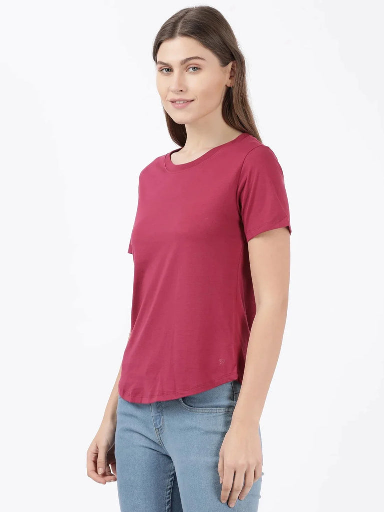 Red Plum JOCKEY Women's Relaxed Solid Curved Hem Style Half Sleeve T-Shirt