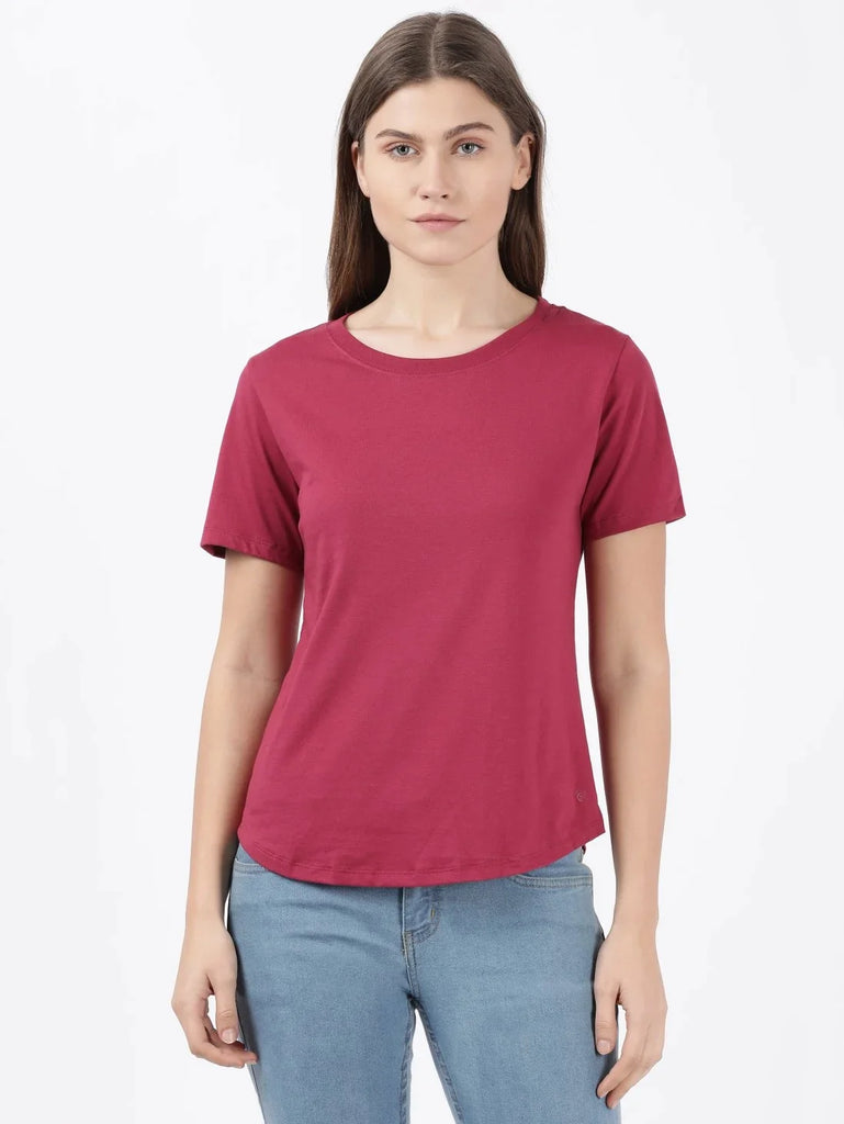 Red Plum JOCKEY Women's Relaxed Solid Curved Hem Style Half Sleeve T-Shirt