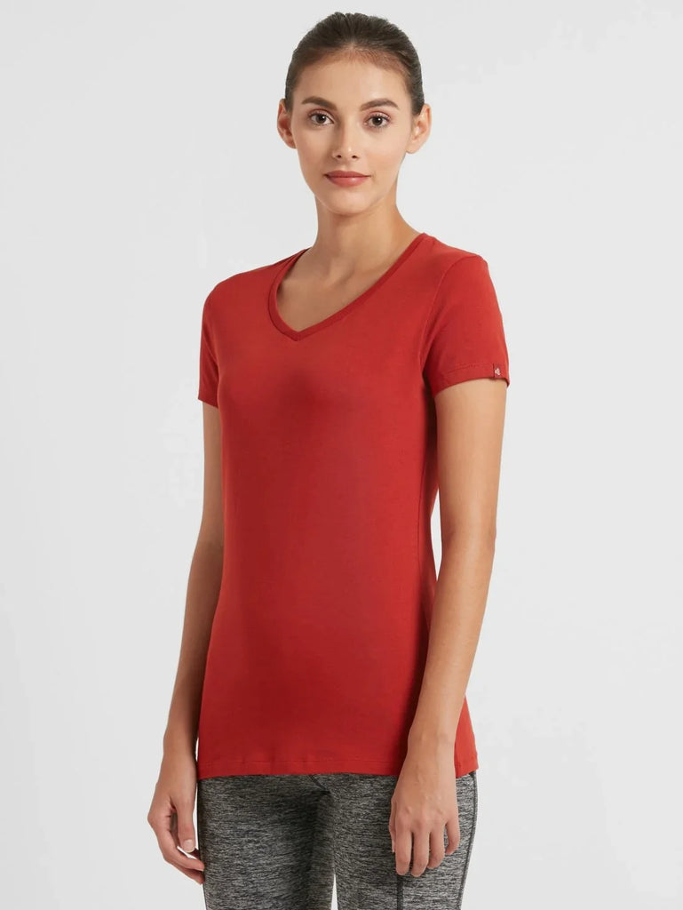 Red Wood JOCKEY Women's Regular Fit Solid V Neck Half Sleeve T-Shirt