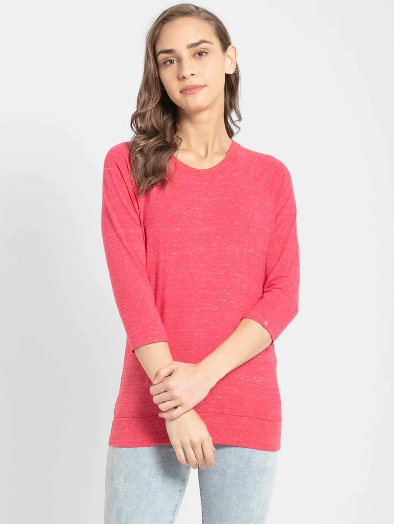 Ruby Snow Melange JOCKEY Women's Regular Solid Round Neck 3/4th Sleeve T-Shirt