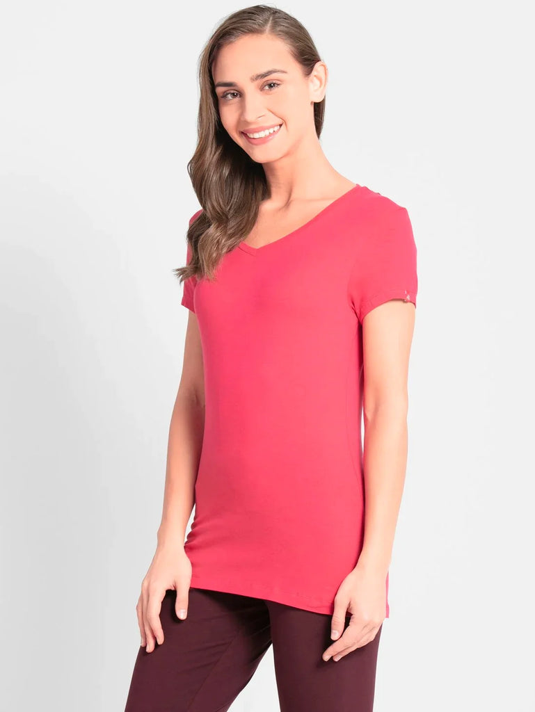 RubyJOCKEY Women's Regular Fit Solid V Neck Half Sleeve T-Shirt