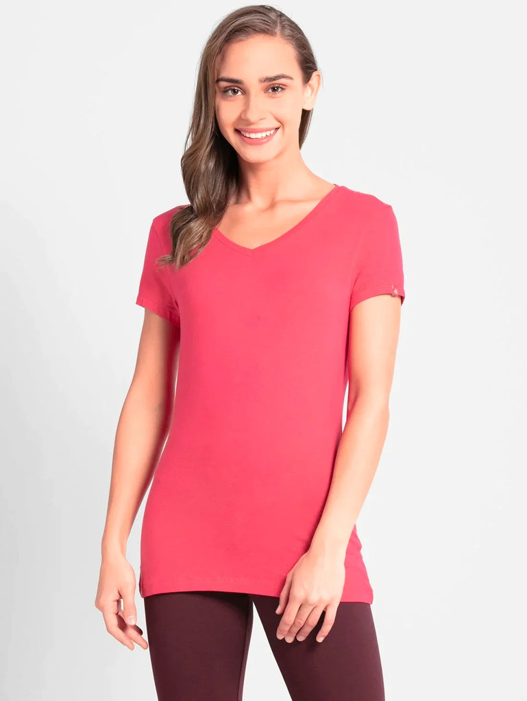 Ruby JOCKEY Women's Regular Fit Solid V Neck Half Sleeve T-Shirt