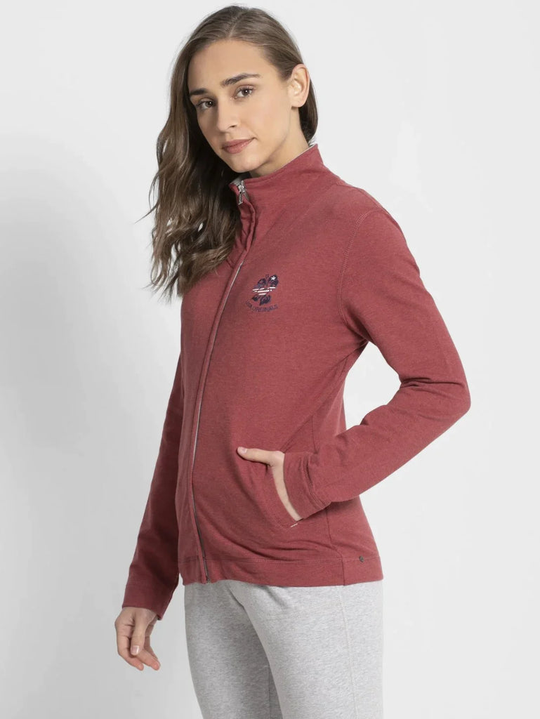 Rust Red Melange JOCKEY Women's Cotton Full Zip High Neck Jacket 