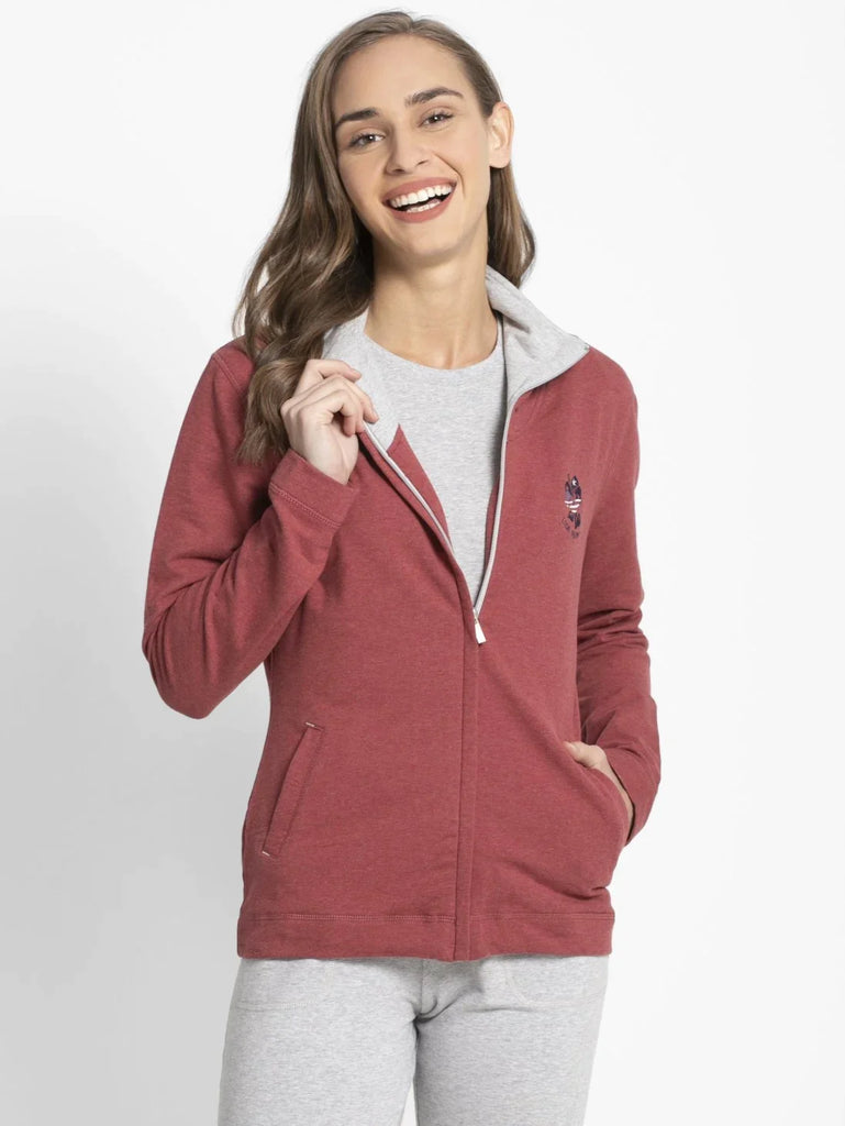 Rust Red Melange JOCKEY Women's Cotton Full Zip High Neck Jacket 