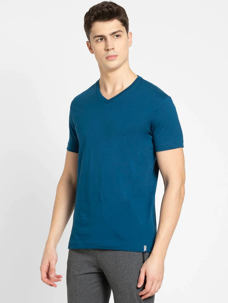 Seaport Teal JOCKEY Men's Solid V Neck Half Sleeve T-Shirt