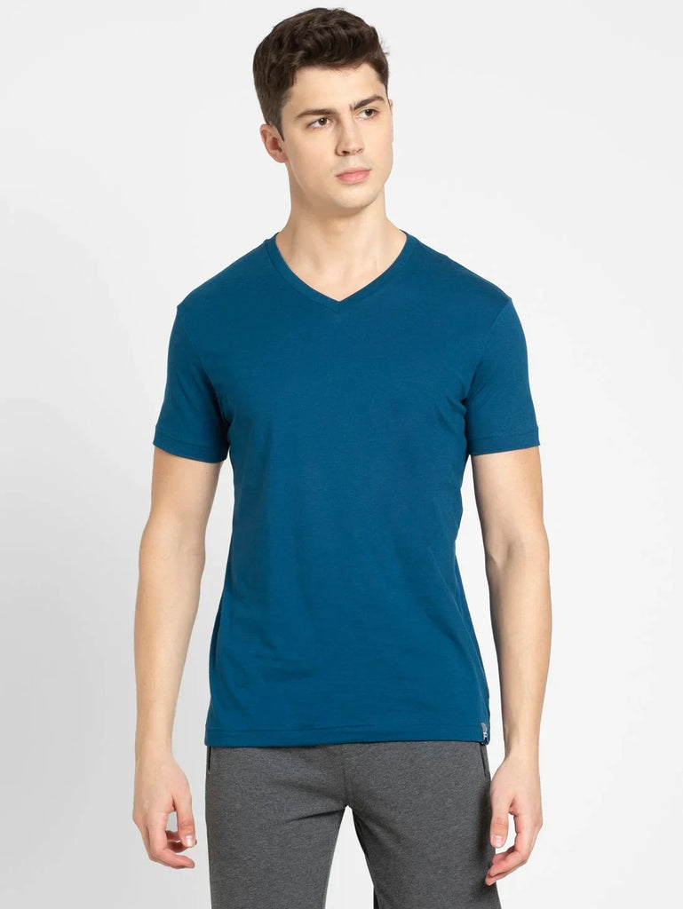 Seaport Teal JOCKEY Men's Solid V Neck Half Sleeve T-Shirt