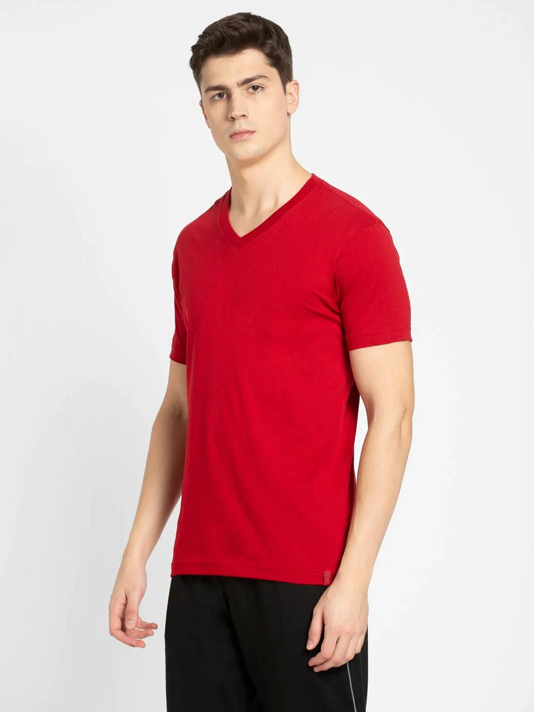 Shanghai Red JOCKEY Men's Solid V Neck Half Sleeve T-Shirt