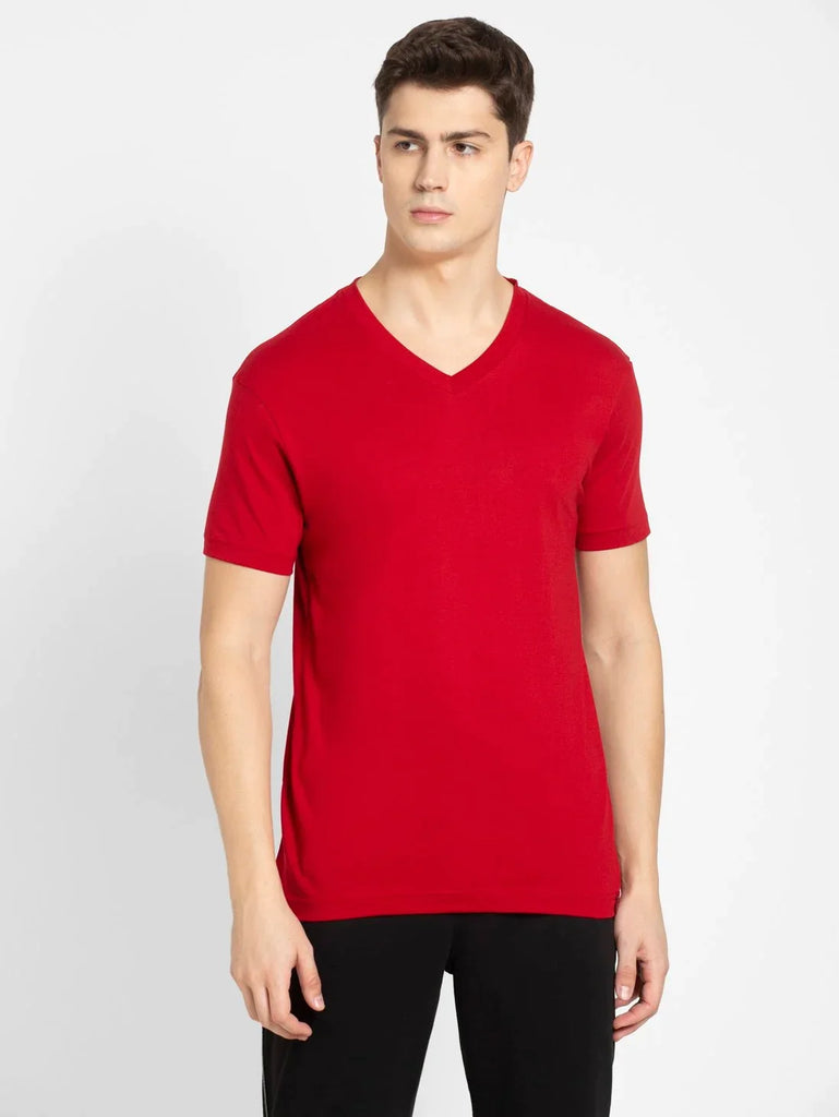 Shanghai Red JOCKEY Men's Solid V Neck Half Sleeve T-Shirt