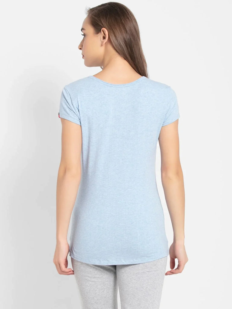 Sky Blue Melange JOCKEY Women's Solid V Neck Henley Styled Half Sleeve T-Shirt