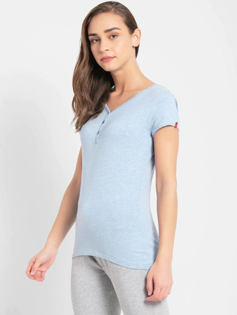 Sky Blue Melange JOCKEY Women's Solid V Neck Henley Styled Half Sleeve T-Shirt