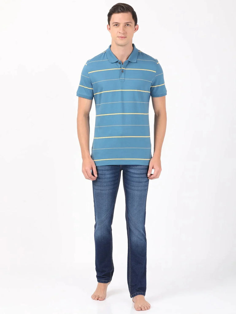 Stellar/Corn Silk JOCKEY Men's Cotton Rich Striped Half Sleeve Polo T-Shirt