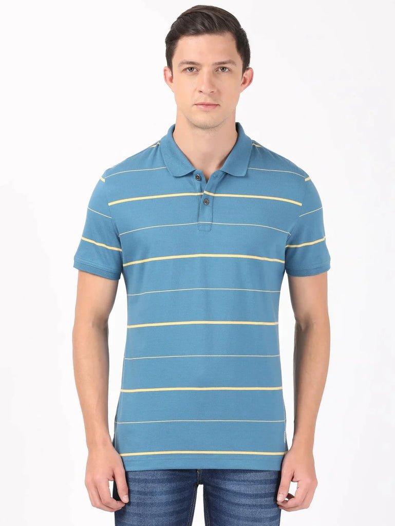 Stellar/Corn Silk JOCKEY Men's Cotton Rich Striped Half Sleeve Polo T-Shirt