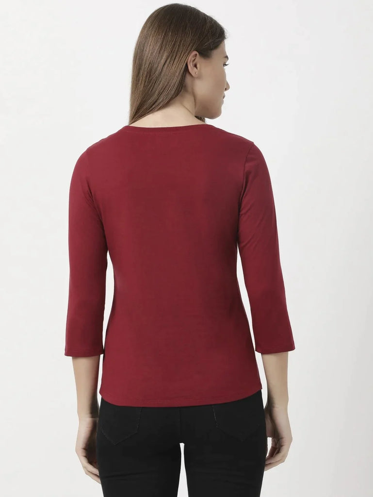 Tibetan Red JOCKEY Women's Solid Round Neck Three Quarter Sleeve T-Shirt