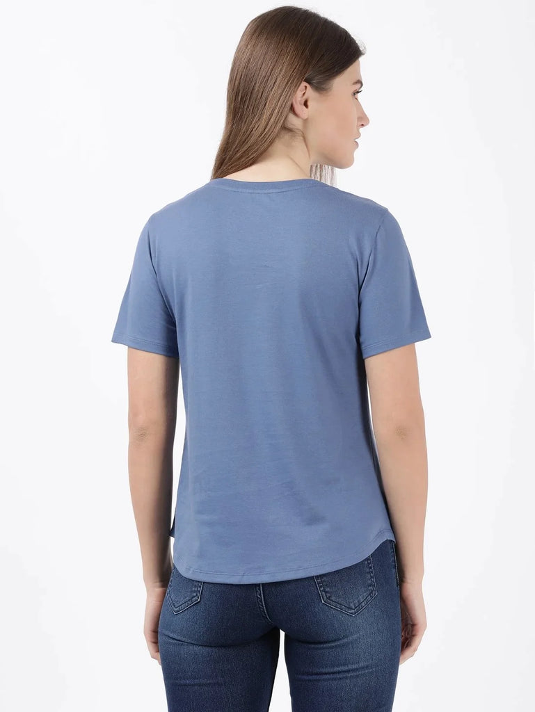 Topaz Blue JOCKEY Women's Relaxed Solid Curved Hem Style Half Sleeve T-Shirt