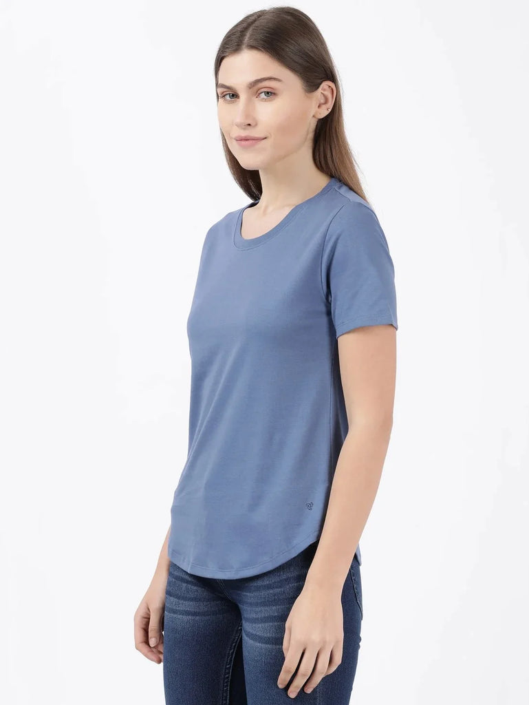 Topaz Blue JOCKEY Women's Relaxed Solid Curved Hem Style Half Sleeve T-Shirt