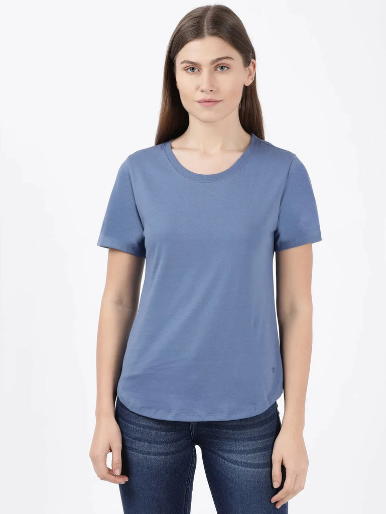 Topaz Blue JOCKEY Women's Relaxed Solid Curved Hem Style Half Sleeve T-Shirt