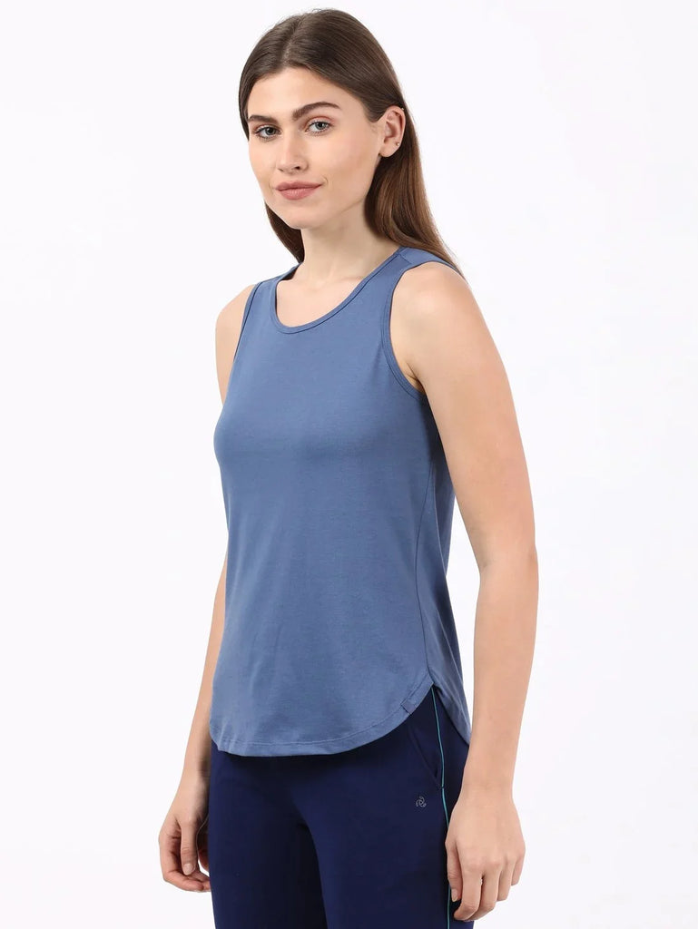 Topaz Blue JOCKEY Women's Solid Curved Hem Styled Tank Top