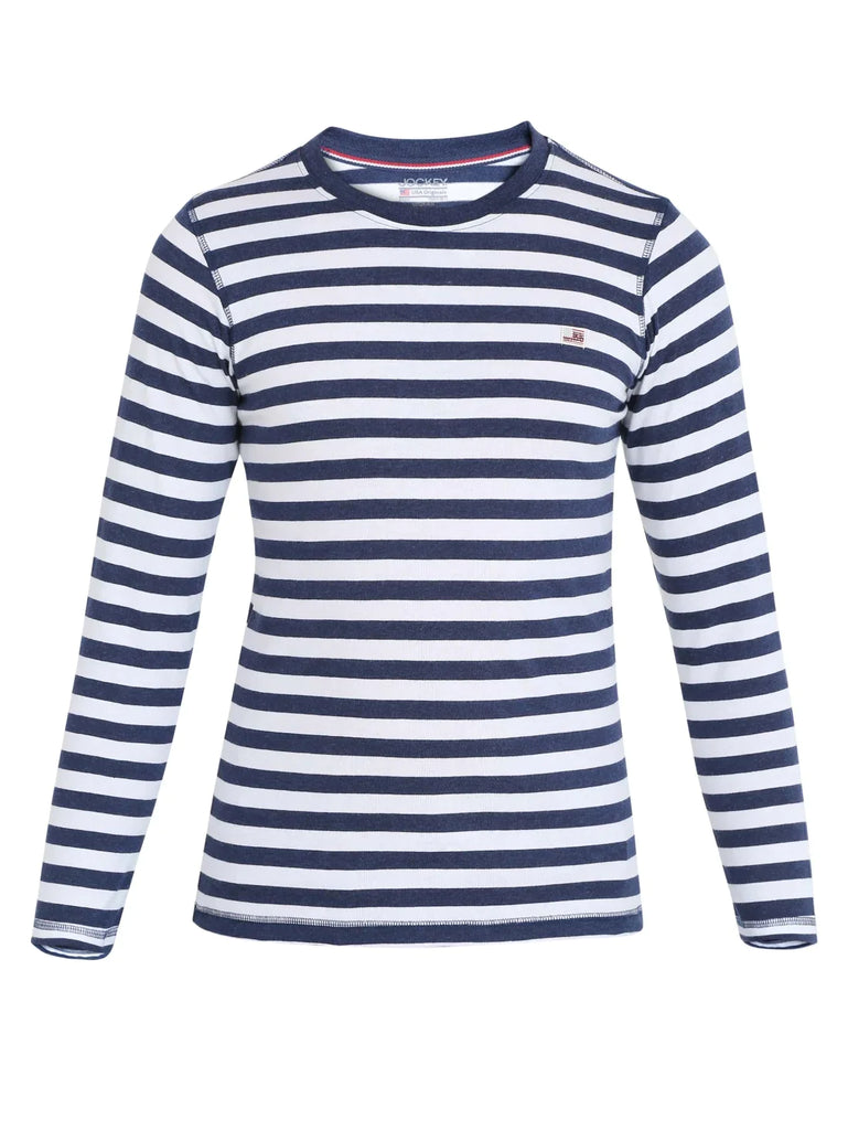 Ink Blue Melange & White JOCKEY Boy's Striped Full Sleeve T-Shirt