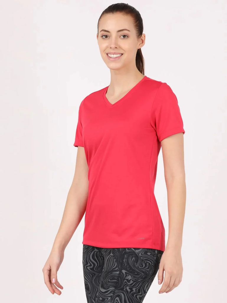 Virtual Pink JOCKEY Women's Relaxed Fit Solid V Neck Half Sleeve T-Shirt