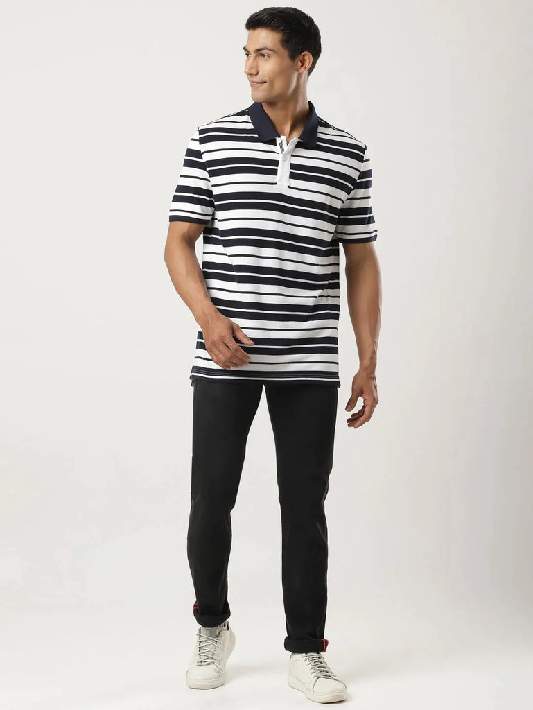 White & Navy JOCKEY Men's Striped Polo T-Shirt