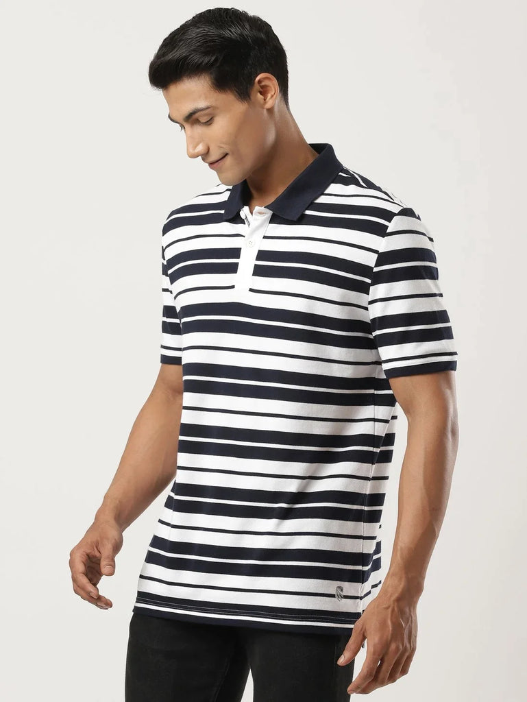 White & Navy JOCKEY Men's Striped Polo T-Shirt