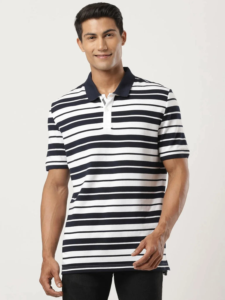 White & Navy JOCKEY Men's Striped Polo T-Shirt