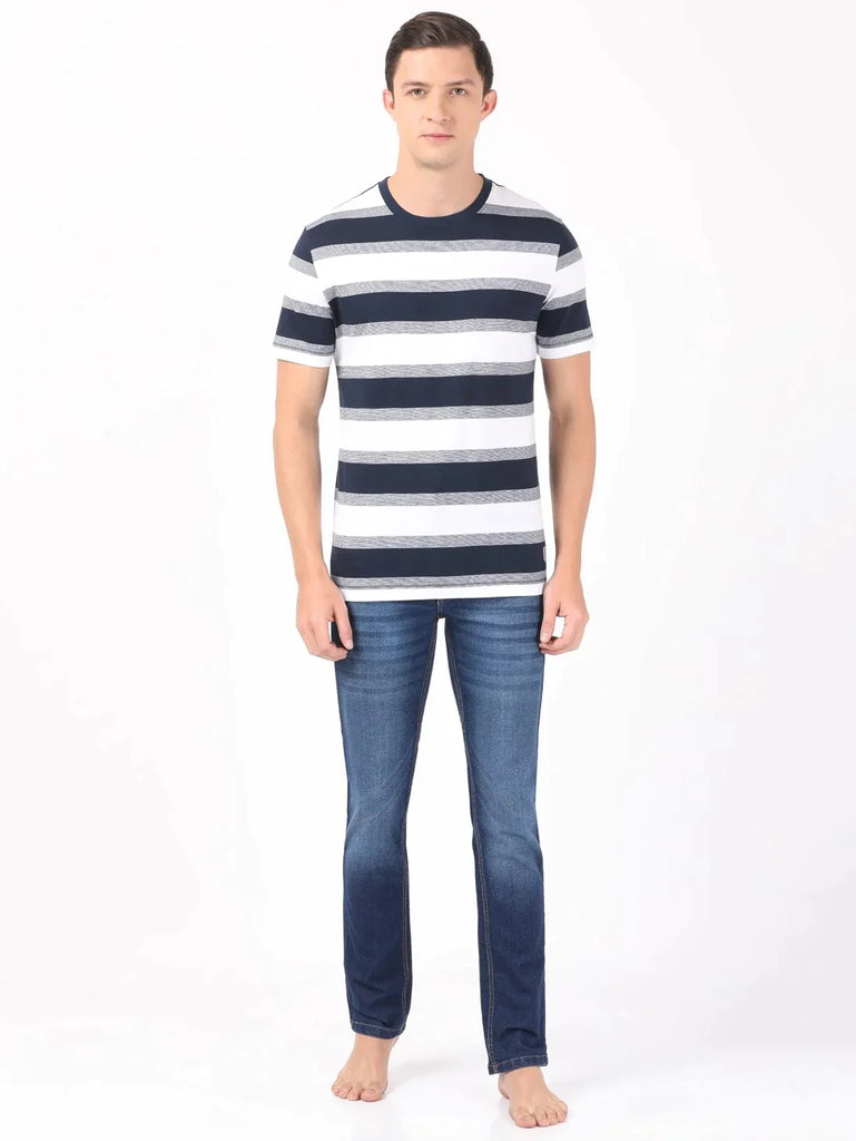 White & Navy Melange JOCKEY Men's Striped Round Neck Half Sleeve T-Shirt