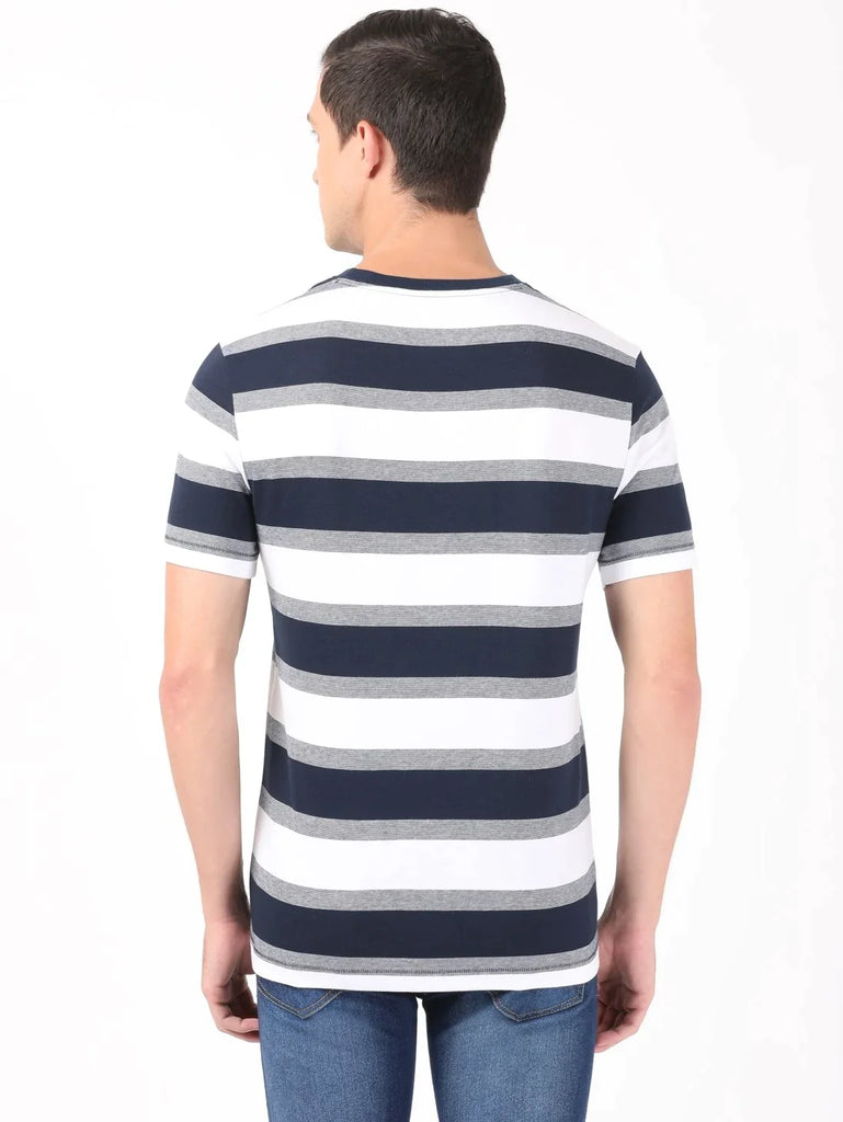 White & Navy Melange JOCKEY Men's Striped Round Neck Half Sleeve T-Shirt