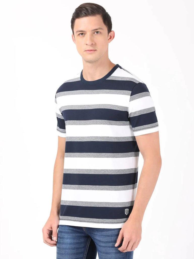 White & Navy Melange JOCKEY Men's Striped Round Neck Half Sleeve T-Shirt