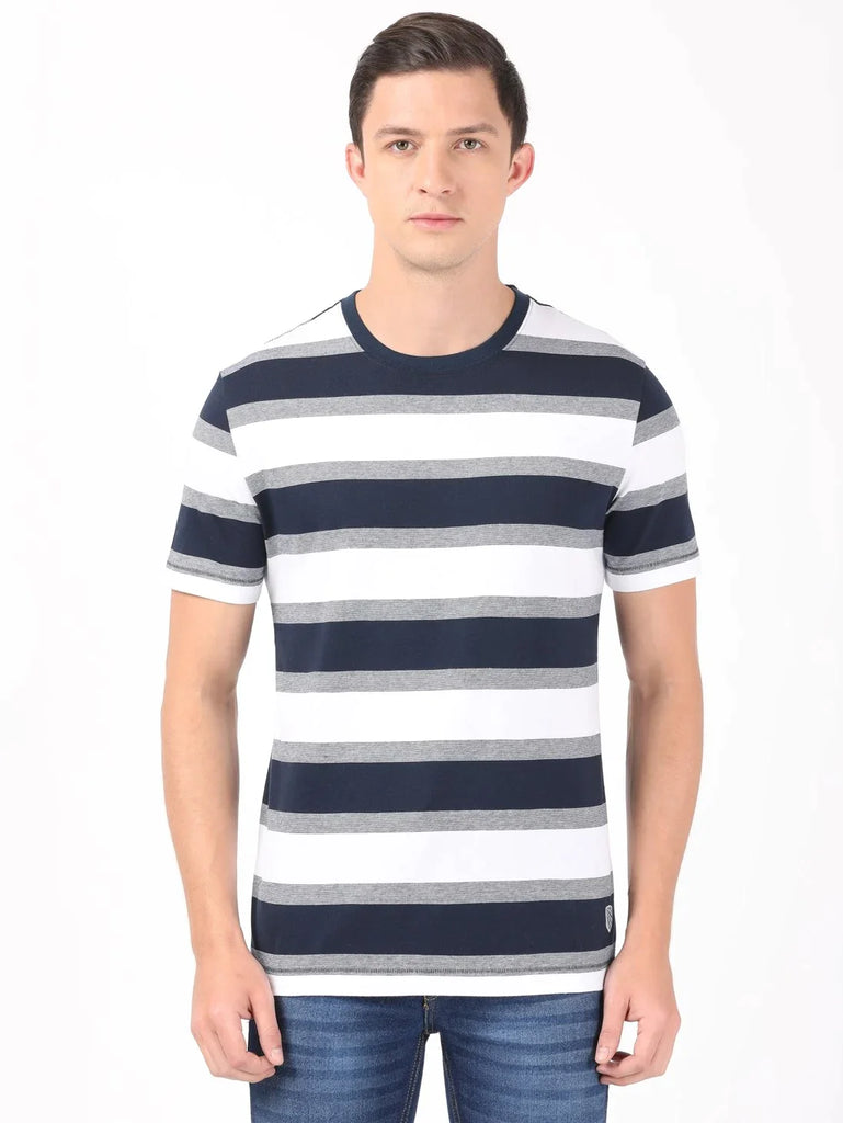 White & Navy Melange JOCKEY Men's Striped Round Neck Half Sleeve T-Shirt