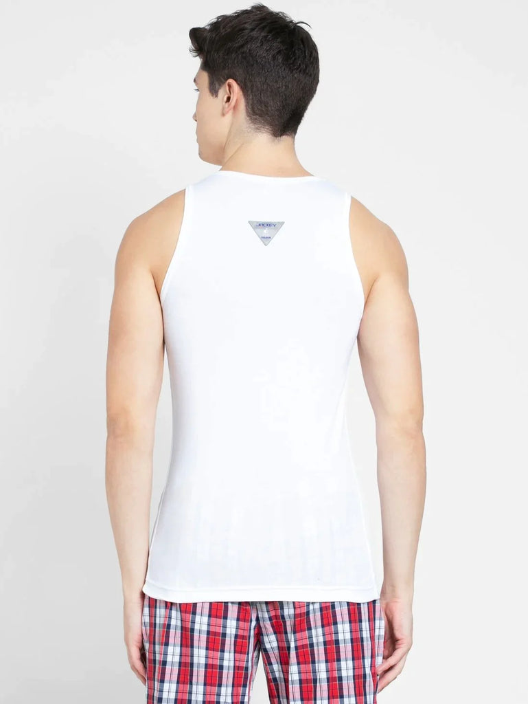 White & Neon Blue Jockey Cotton Rib Round Neck Sleeveless Vest for Men