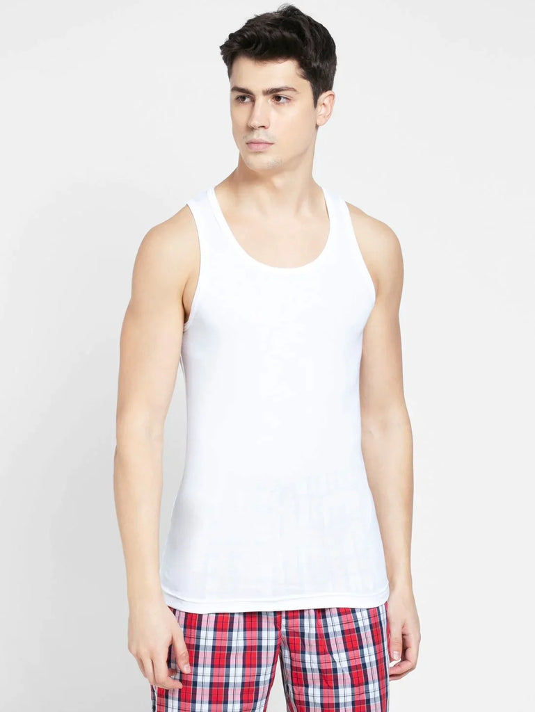 White & Neon Blue Jockey Cotton Rib Round Neck Sleeveless Vest for Men