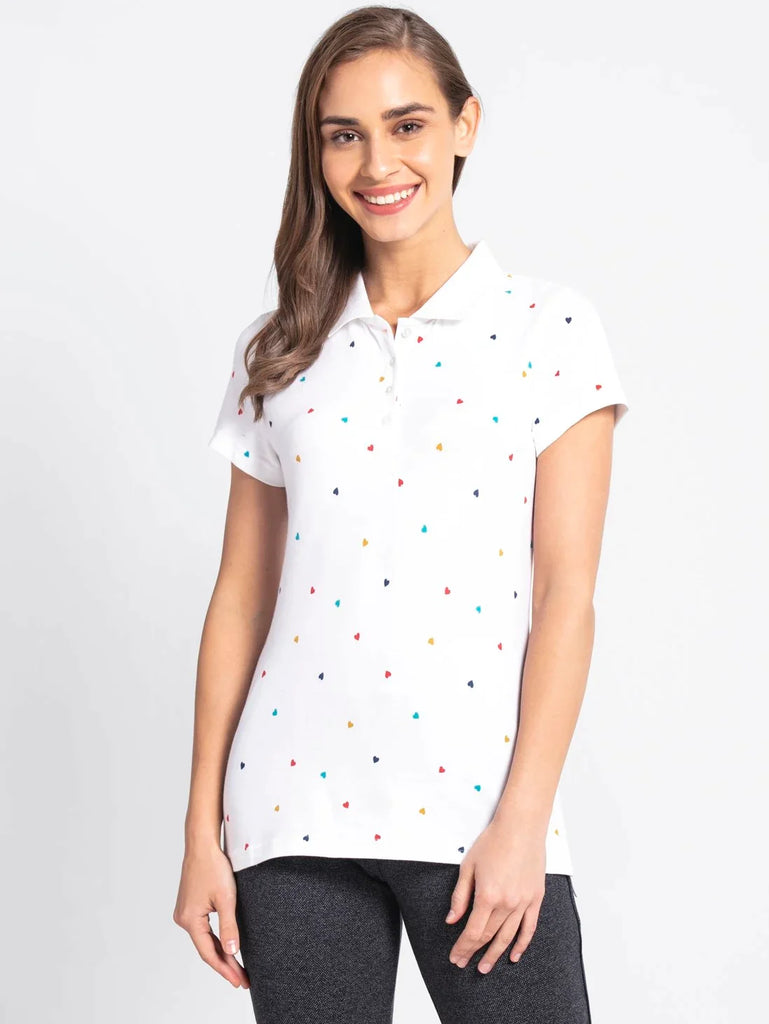 White Assorted Prints JOCKEY Women's Regular Fit Printed Half Sleeve Polo T-Shirt