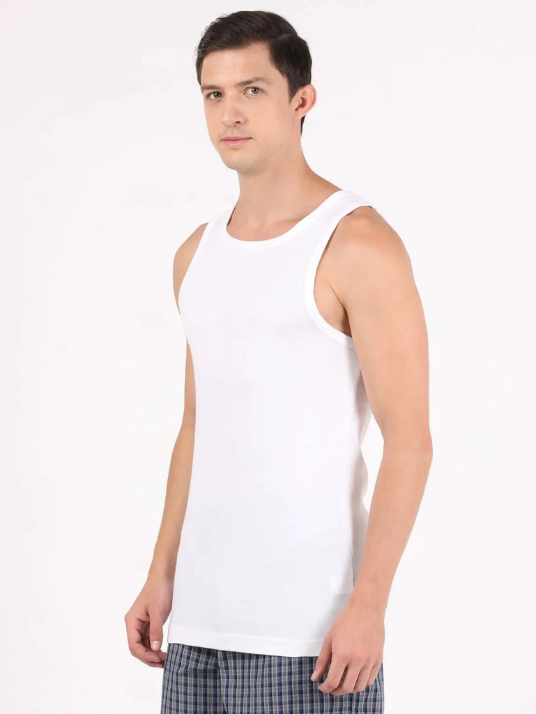 White Jockey Cotton Rib Square Neck Sleeveless Vest for Men