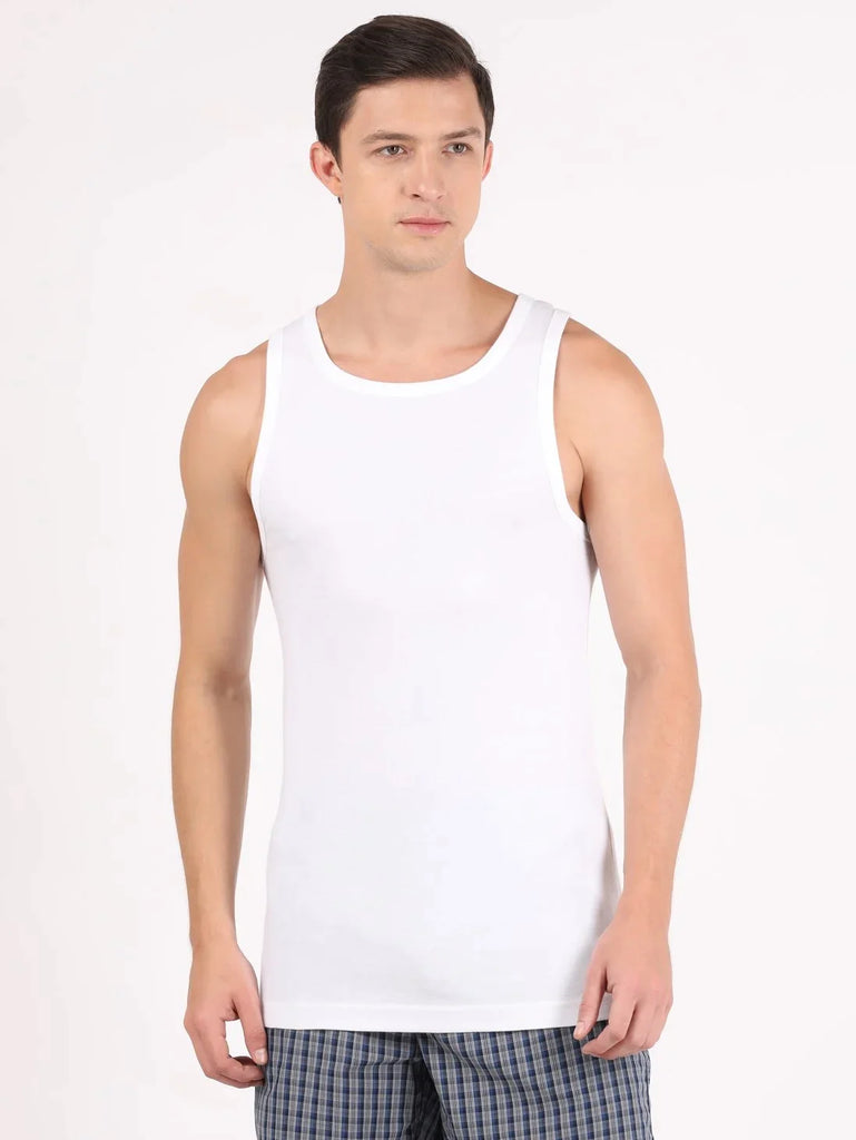 White Jockey Cotton Rib Square Neck Sleeveless Vest for Men