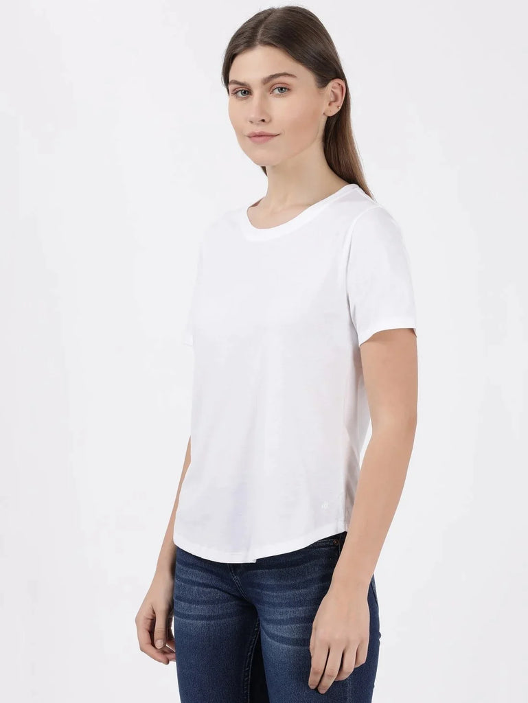 White JOCKEY Women's Relaxed Solid Curved Hem Style Half Sleeve T-Shirt