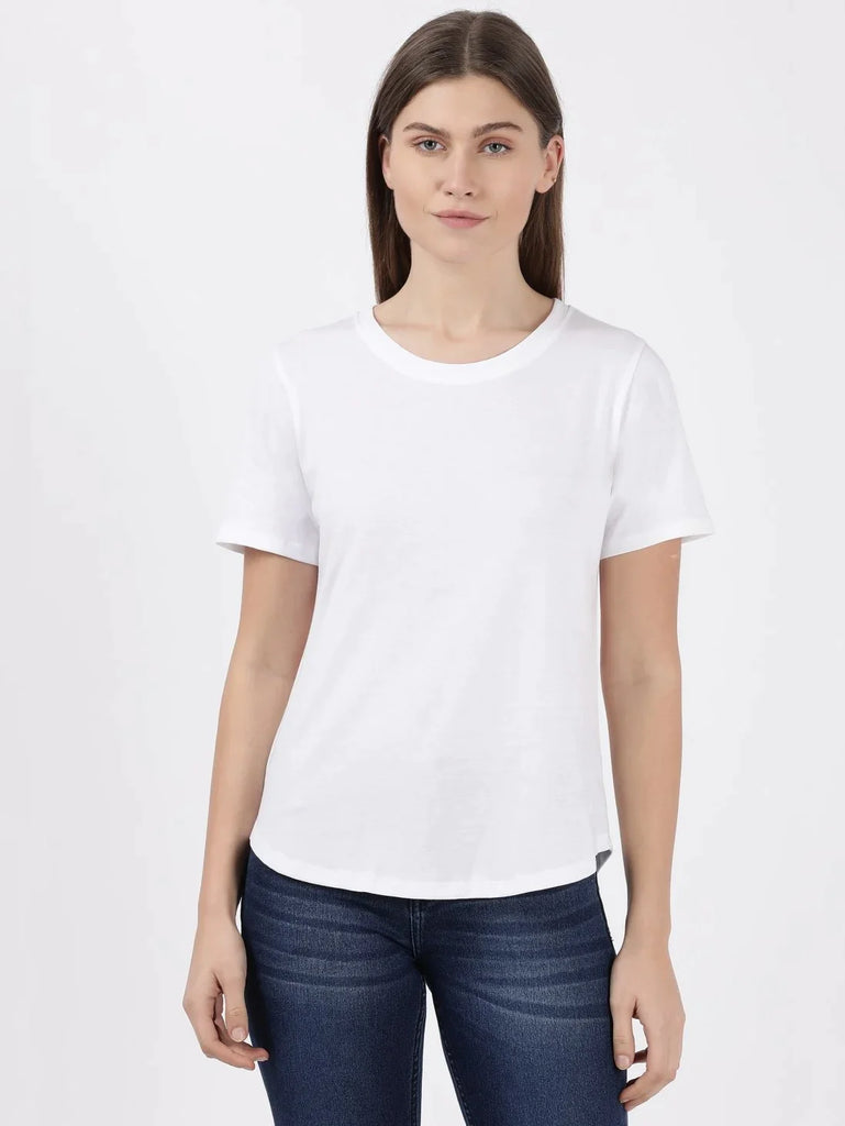 White JOCKEY Women's Relaxed Solid Curved Hem Style Half Sleeve T-Shirt