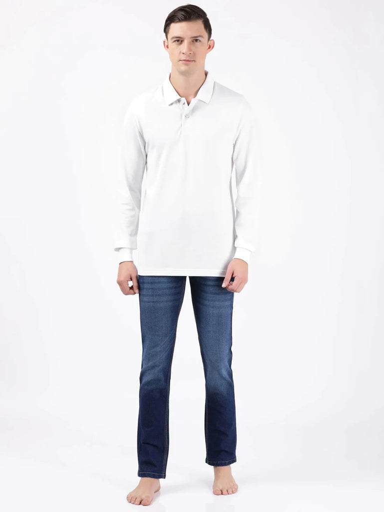 White JOCKEY Men's Solid Full Sleeve Polo T-Shirt