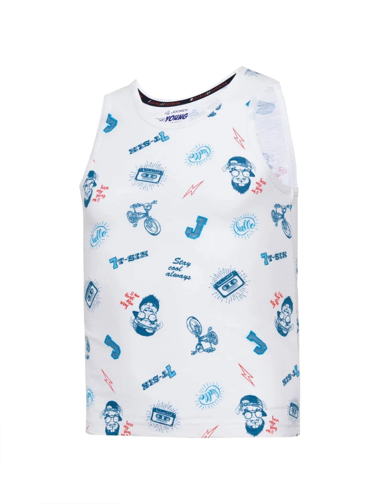 White Printed JOCKEY Boy's Super Combed Cotton Printed Tank Top