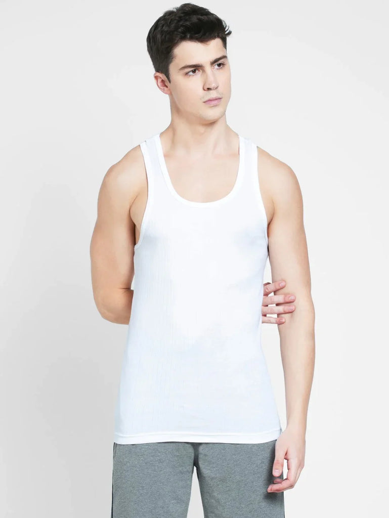 White Jockey Cotton Rib Racer Gym Vest for Men