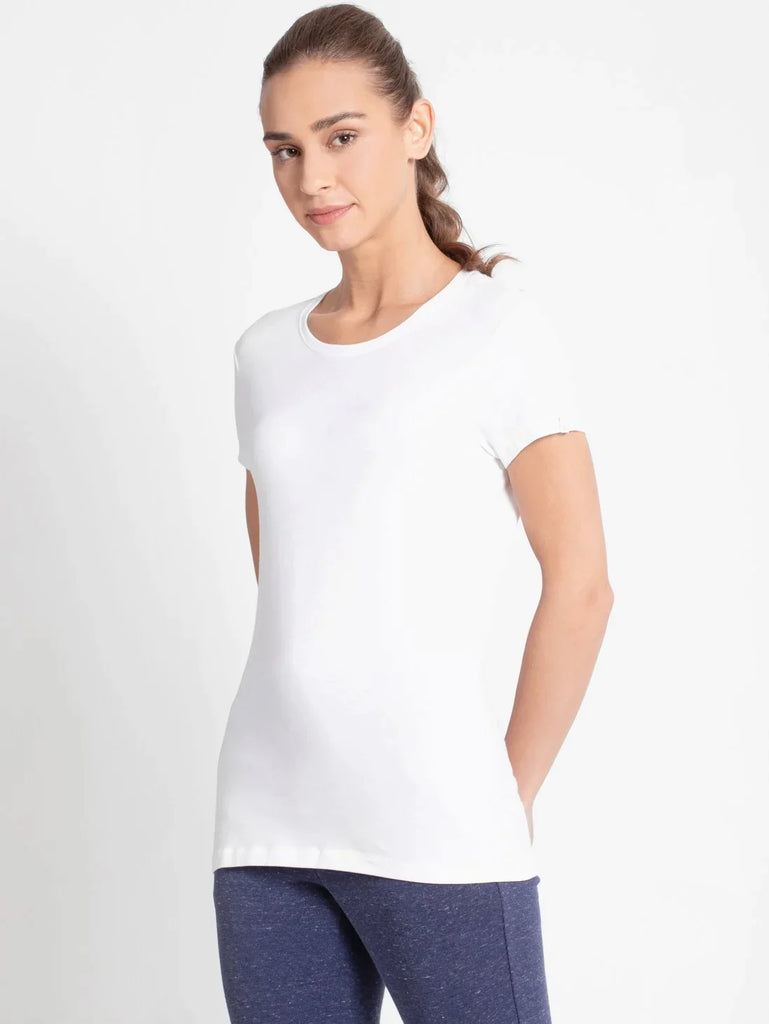 White JOCKEY Women's Regular Fit Solid Round Neck Half Sleeve T-Shirt